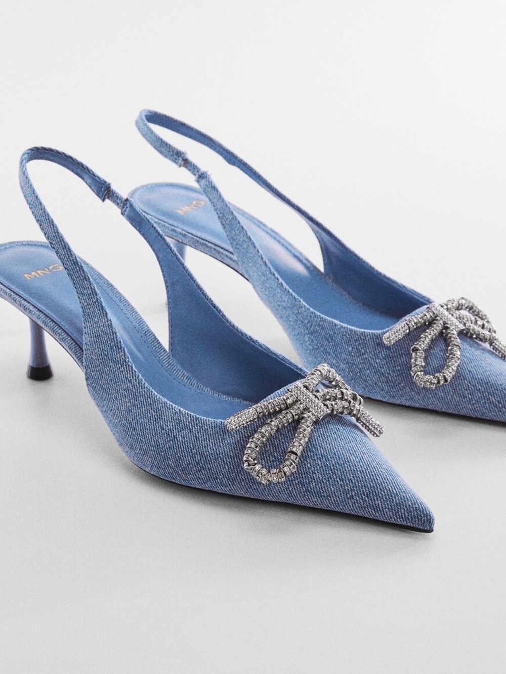 Mango Denim Blue Slingback Pointed Heels with Crystal Bow
